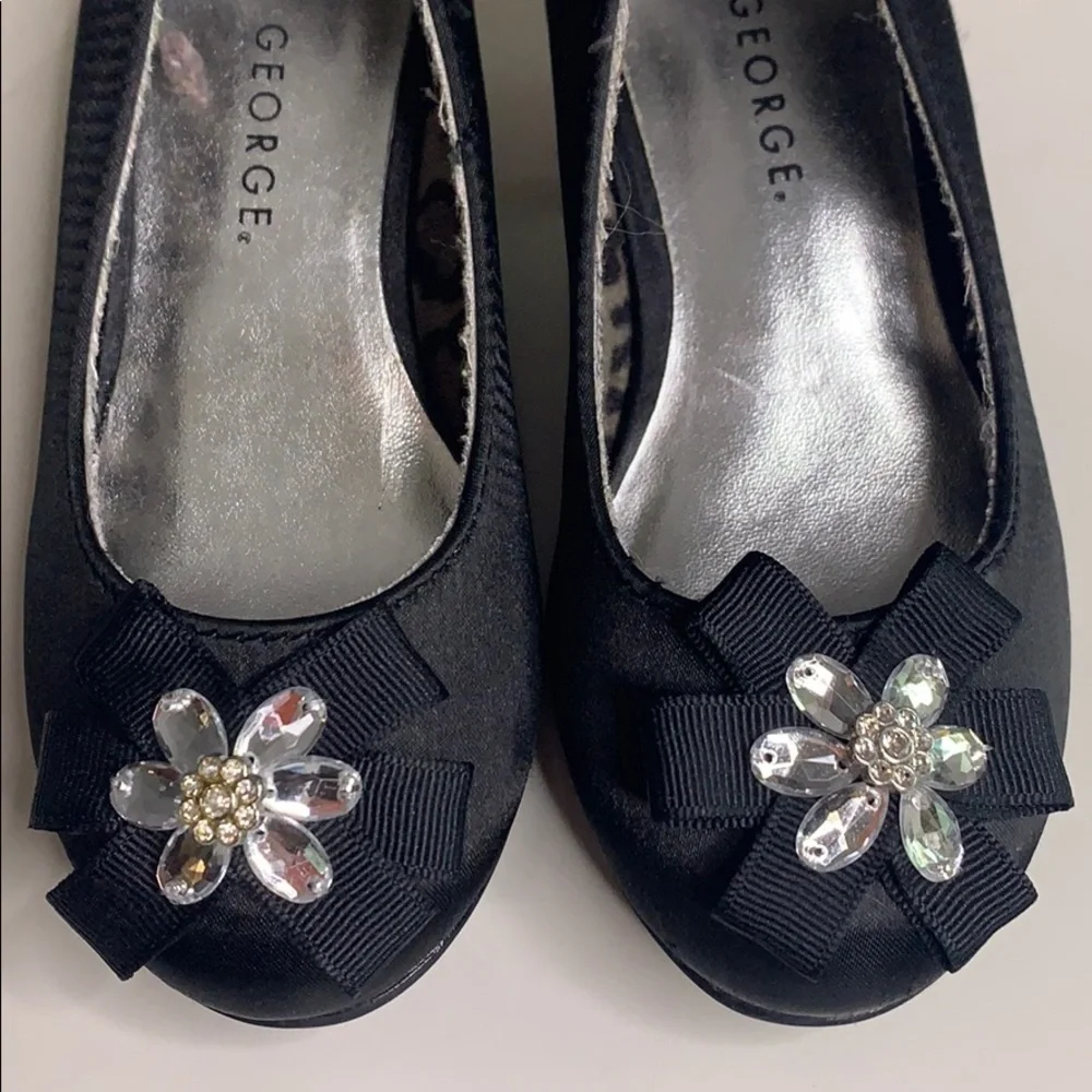 Satin Black Crystal Flower kitten heel girl party holiday shoes toddler 8